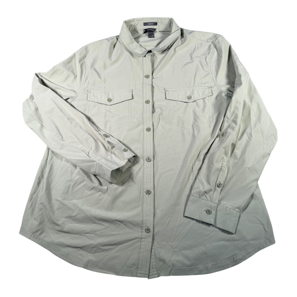 Eddie Bauer Button Up Shirt Womens XL Green Classic Fit Stretch Hiking‎ 1586163